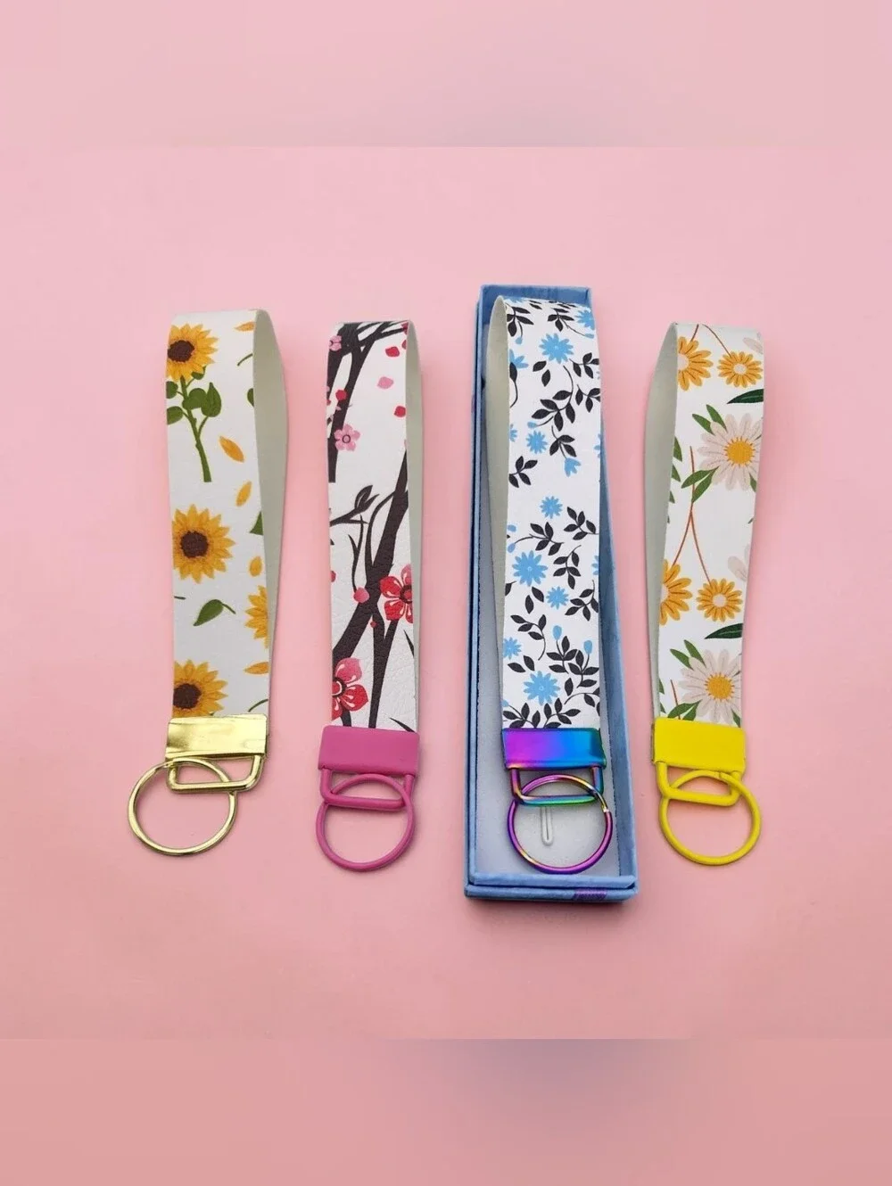 Friendly Floral Wristlet Keychain Fob Set | Gift Box Included- Vegan Leather